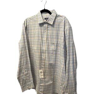 Club Room Regular Fit Performance Yellow Blue Plaid Cotton Dress Shirt Size 17.5